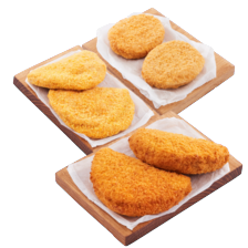 Kipschnitzel
naturel, saté of krokant,
kipburger of kip cordon bleu